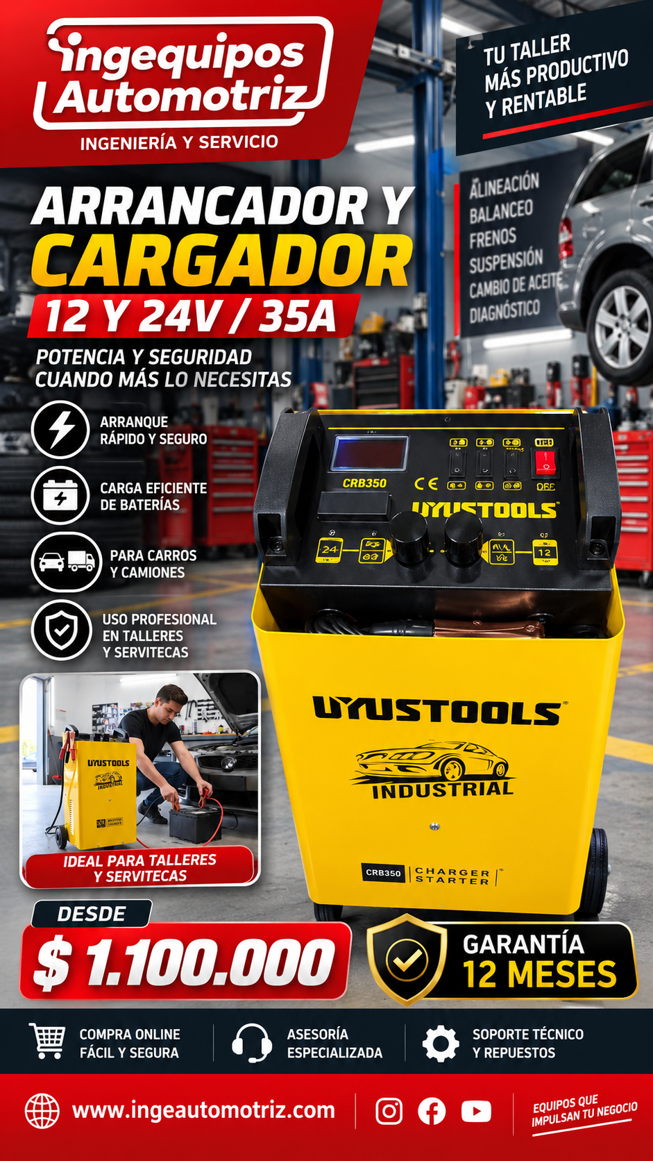 CARGADOR ARRANCADOR DE BATERIAS PORTATIL PARA BATERIAS DE 12V Y 24 V.
