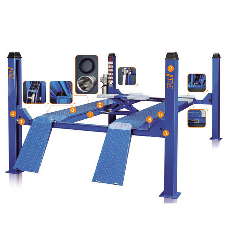 ELEVADOR DE CUATRO COLUMNAS 4 TON, 3D.